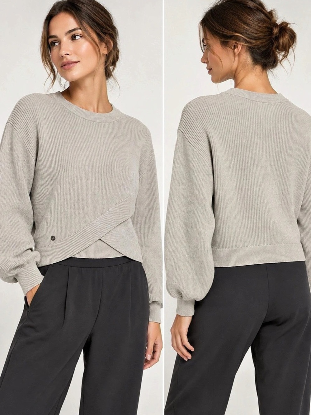 lululemon Reversible Crossover Sweater M Ribbed Knit Wrap Front Light Grey EUC